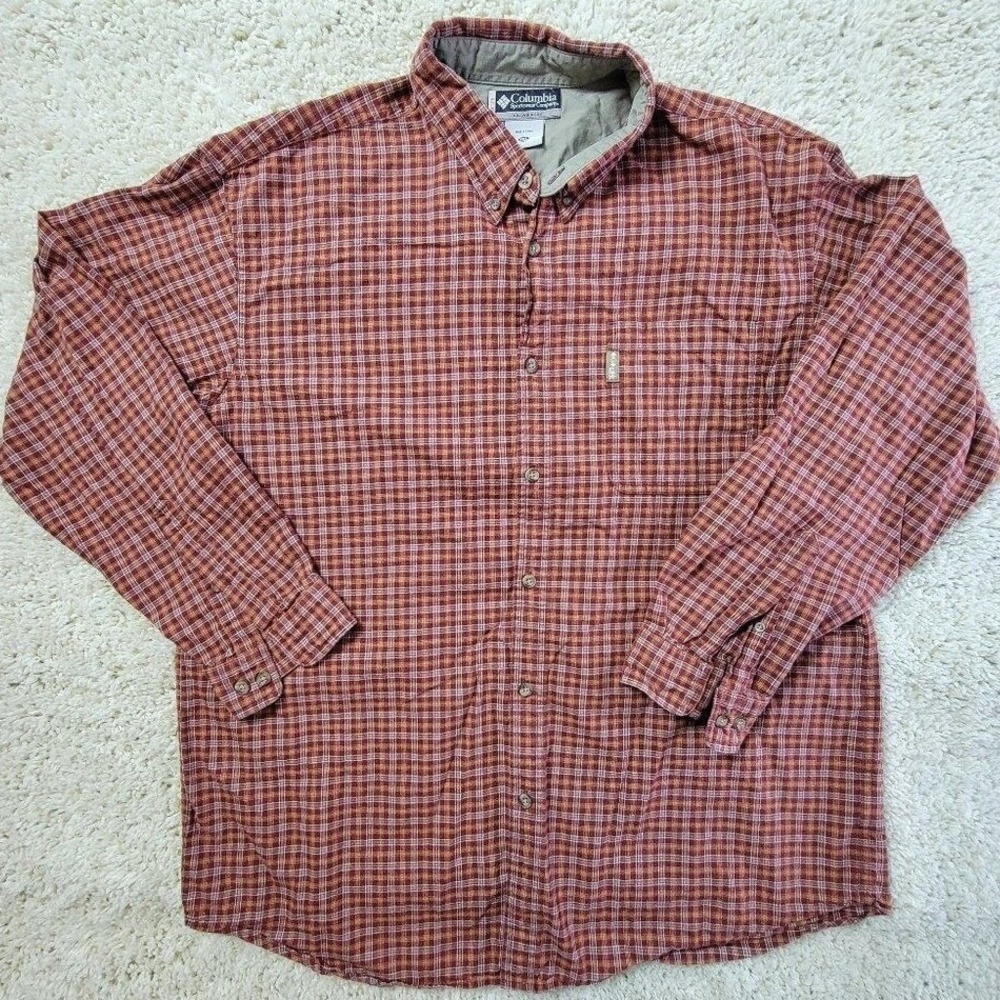 Columbia Sportswear Mens XXL Plaid Button Down Shirt Red Orange Cotton AM7412